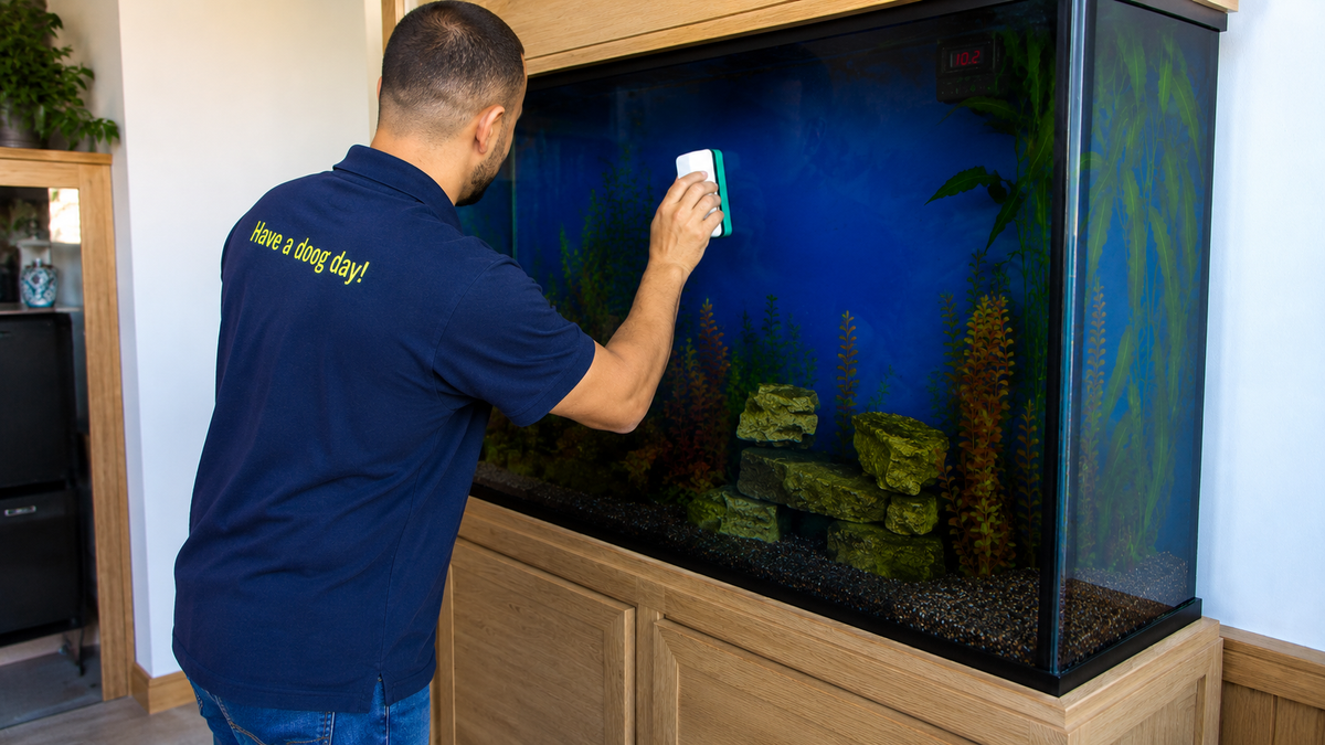 Person cleaning a large aquarium with a cloth in a home setting.