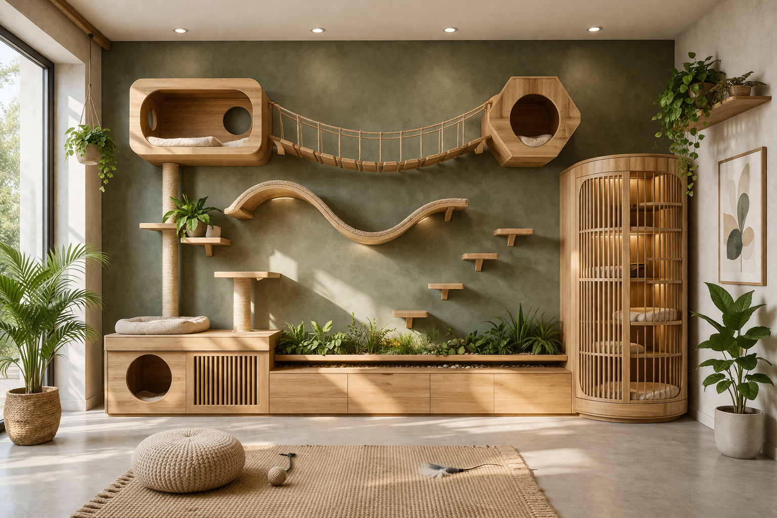Wooden cat play area with shelves and platforms in a modern room.