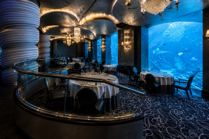Dining area with round glass table and chairs, large aquarium in the background