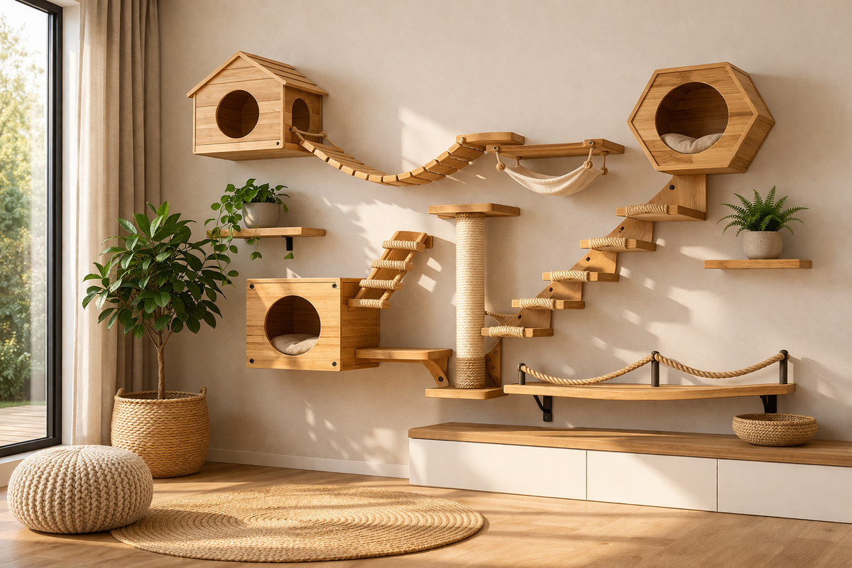 Wooden cat play area with shelves, houses, and a climbing wall in a room with a large window.