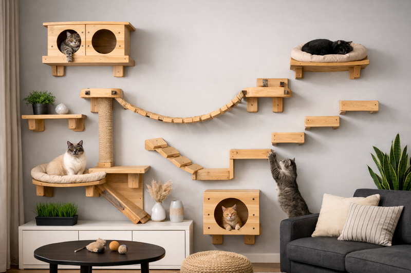 Wooden cat furniture set on a wall