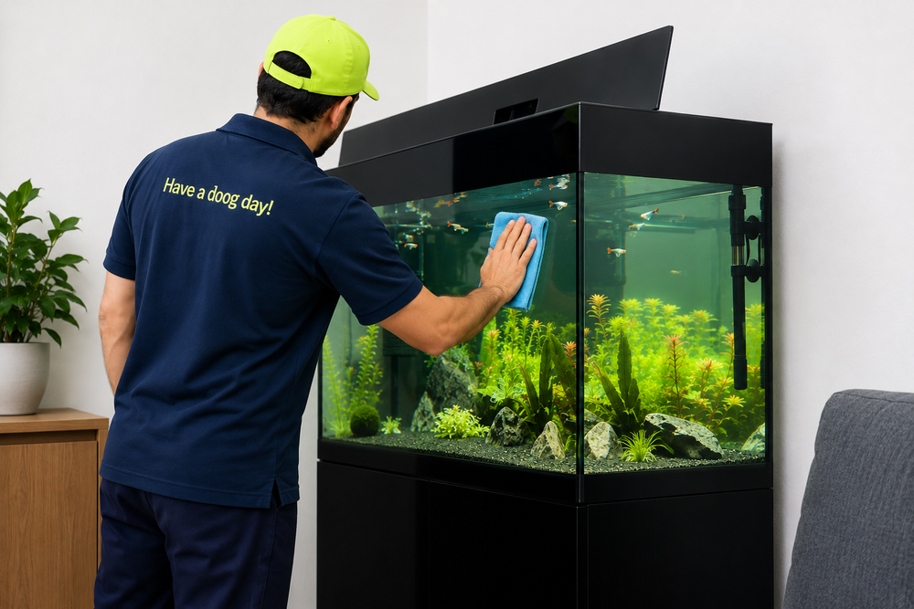 Person cleaning a fish tank with a blue cloth, wearing a navy shirt with text.