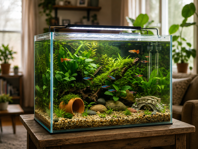 Fish tank with aquatic plants and fish on a wooden table in a home setting