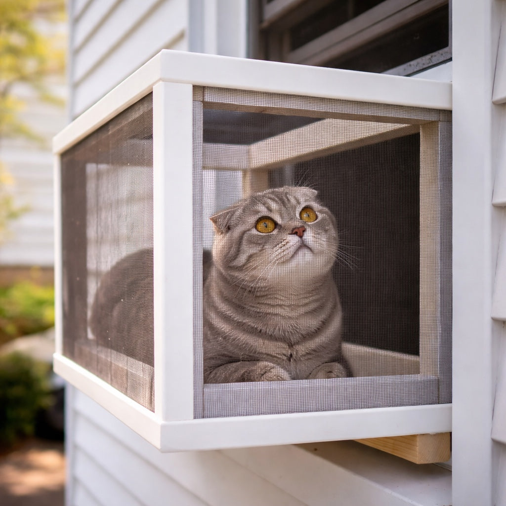 Cat sitting inside a modern cat house attached to a house exterior made in dubai