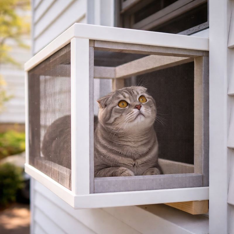 Cat sitting inside a modern cat house attached to a house exterior made in dubai